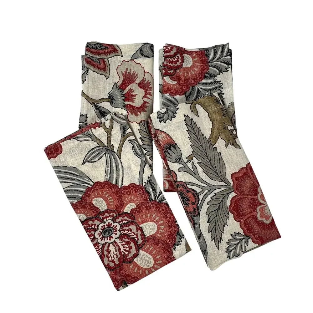 POTTERY BARN Floral Napkins Set of 4 Linen Cotton Red Gray Botanical 20x20